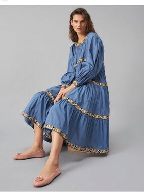 Tory Burch Blue Tiered 100% Cotton Embroidered Trim Midi Dress L